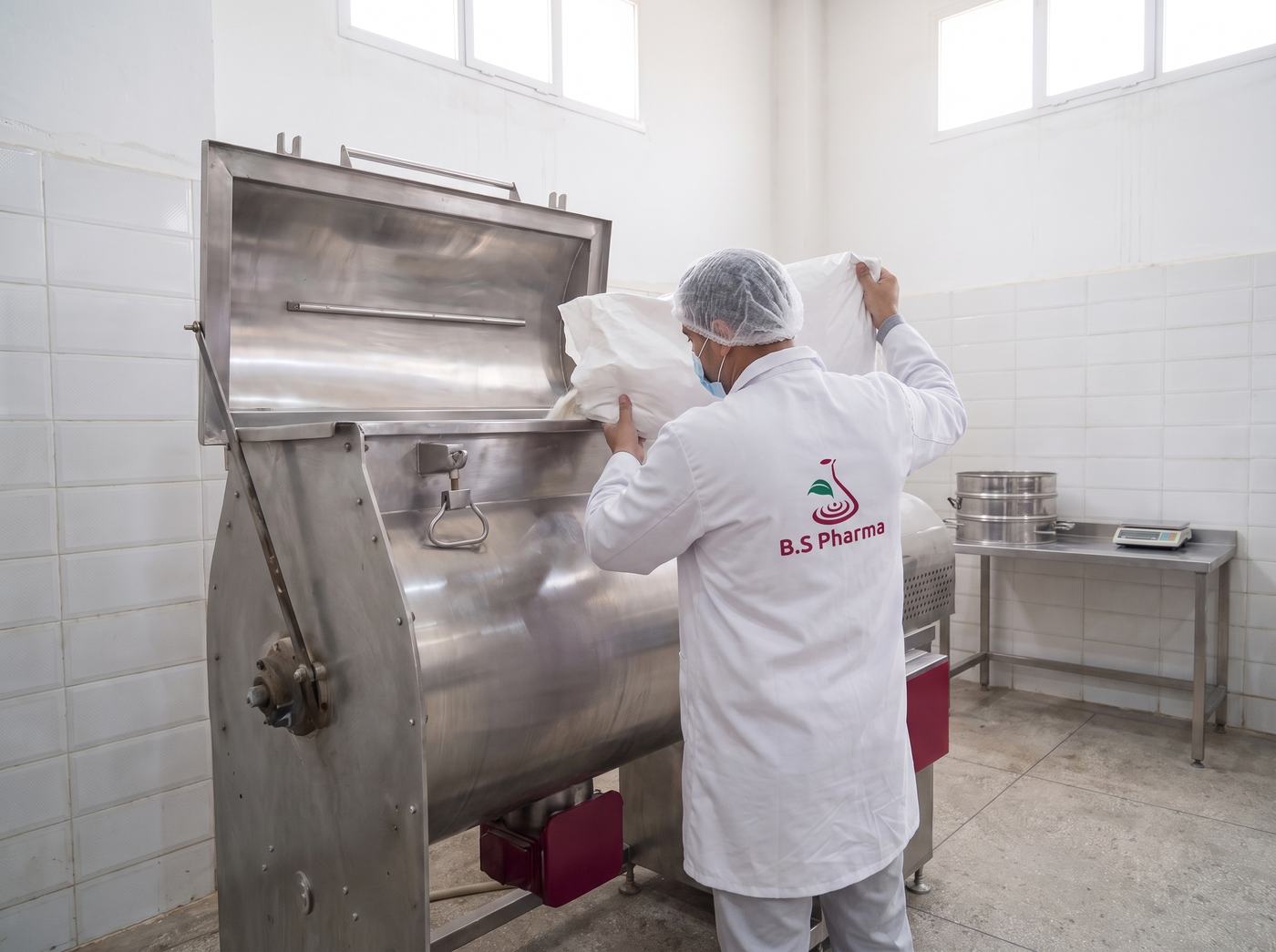 Powder mixing room with a stainless-steel horizontal mixer